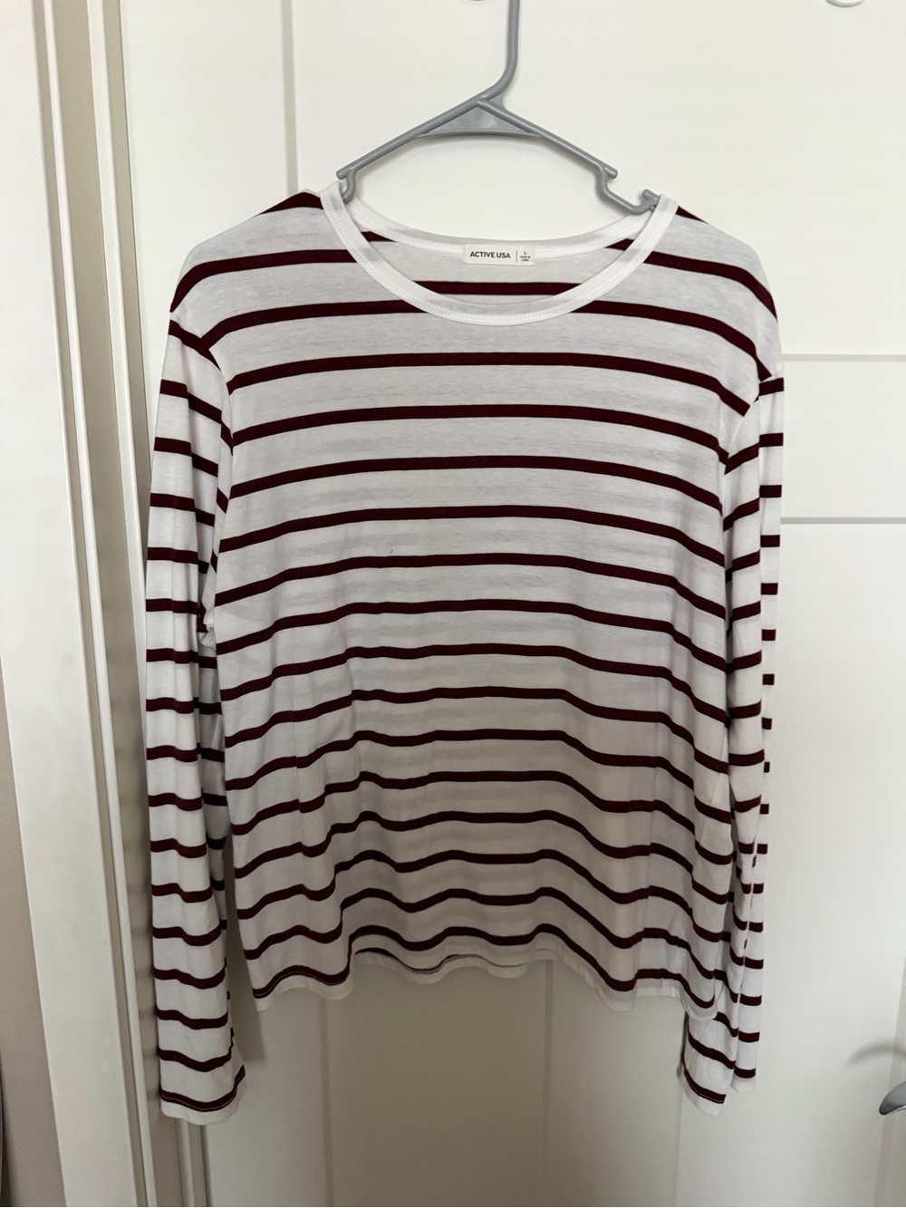 Active USA White and Burgundy Striped Long Sleeve Tee